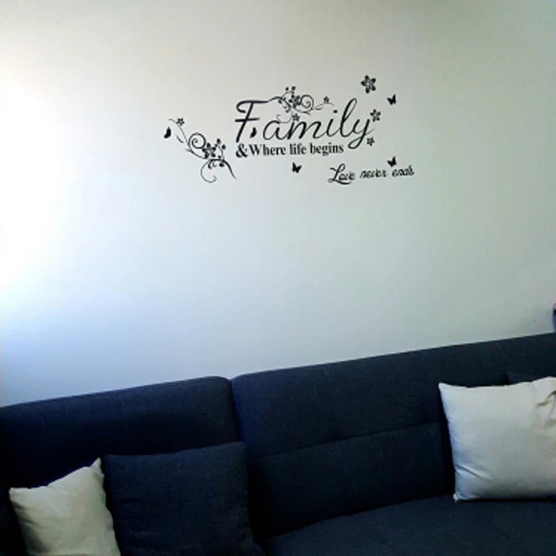 Wandtattoo „Familie – Wo das Leben beginnt, die Liebe niemals endet“ – Wandaufkleber für Wohnzimmer, Schlafzimmer, Wohnzimmer, Schlafzimmer – Abnehmbares Poster mit englischen Sprichwörtern