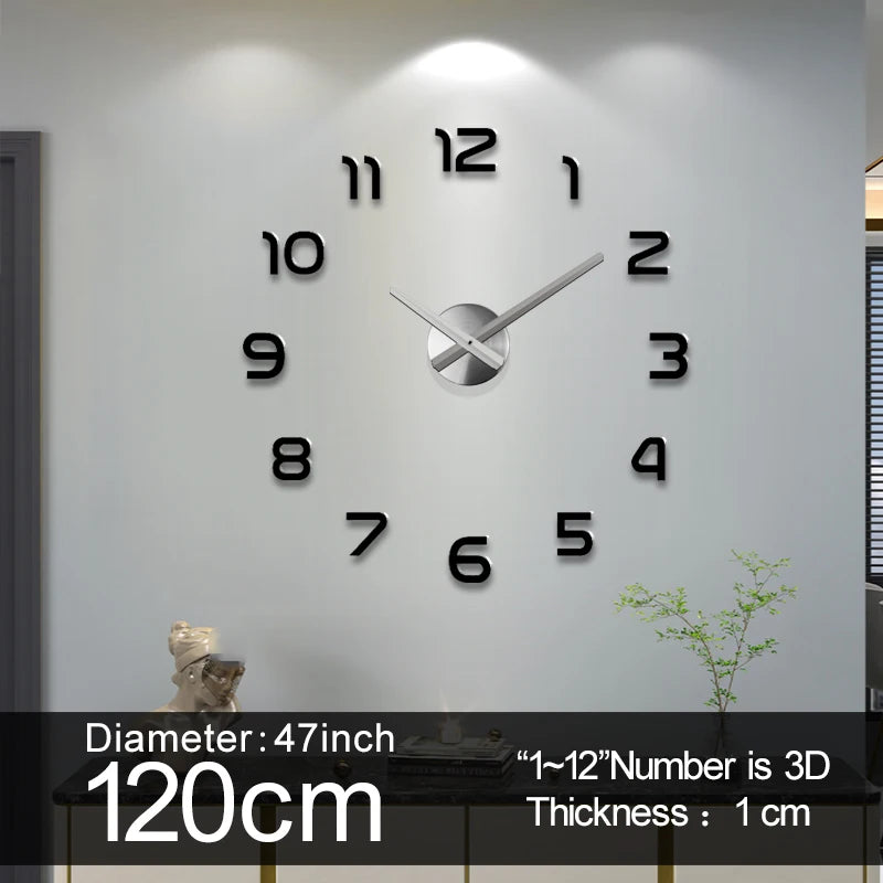 Große Quarz-Wanduhr, 3D-DIY-Design, dekorative Küchenuhr mit Acryl-Spiegelaufkleber, übergroße Wanduhr mit Buchstaben-Dekoration